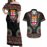 Fiji Coat of Arms Traditional Dashiki Couples Matching Off Shoulder Maxi Dress and Hawaiian Shirt Tapa Art and Palm Leaves Pattern Black Color LT03 Black - Polynesian Pride