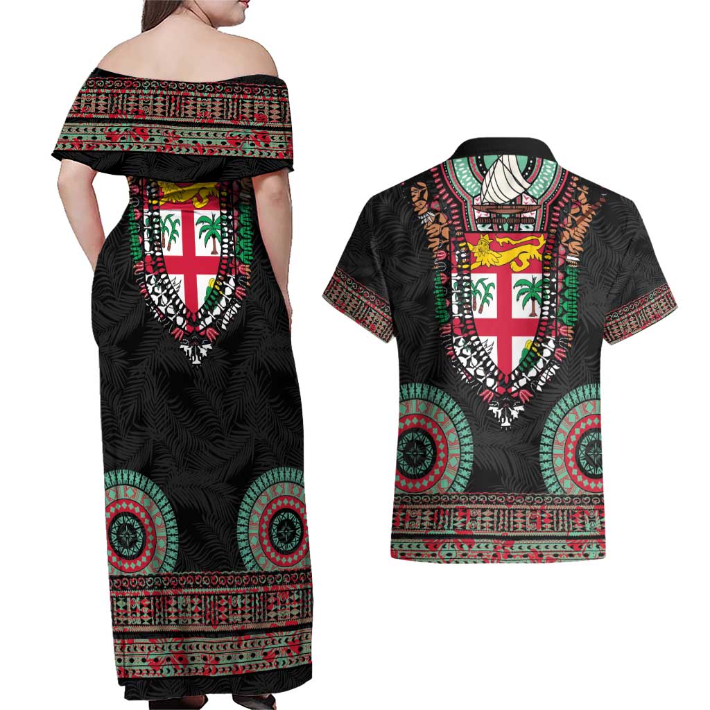 Fiji Coat of Arms Traditional Dashiki Couples Matching Off Shoulder Maxi Dress and Hawaiian Shirt Tapa Art and Palm Leaves Pattern Black Color LT03 - Polynesian Pride
