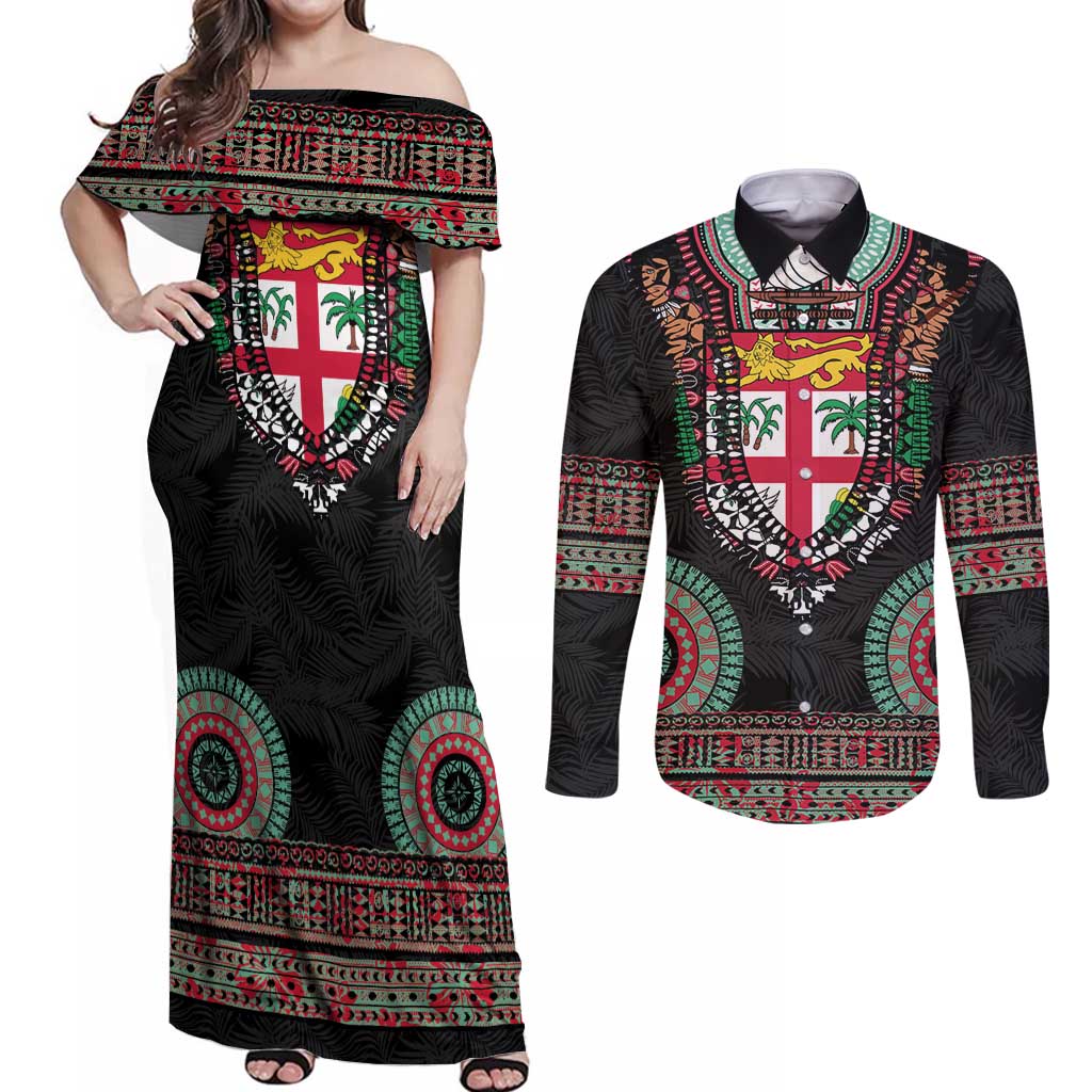 Fiji Coat of Arms Traditional Dashiki Couples Matching Off Shoulder Maxi Dress and Long Sleeve Button Shirt Tapa Art and Palm Leaves Pattern Black Color LT03 Black - Polynesian Pride