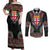 Fiji Coat of Arms Traditional Dashiki Couples Matching Off Shoulder Maxi Dress and Long Sleeve Button Shirt Tapa Art and Palm Leaves Pattern Black Color - Polynesian Pride