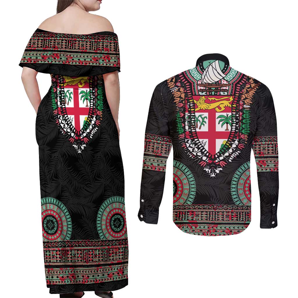 Fiji Coat of Arms Traditional Dashiki Couples Matching Off Shoulder Maxi Dress and Long Sleeve Button Shirt Tapa Art and Palm Leaves Pattern Black Color LT03 - Polynesian Pride