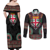 Fiji Coat of Arms Traditional Dashiki Couples Matching Off Shoulder Maxi Dress and Long Sleeve Button Shirt Tapa Art and Palm Leaves Pattern Black Color LT03 - Polynesian Pride
