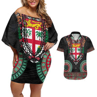 Fiji Coat of Arms Traditional Dashiki Couples Matching Off Shoulder Short Dress and Hawaiian Shirt Tapa Art and Palm Leaves Pattern Black Color LT03 Black - Polynesian Pride