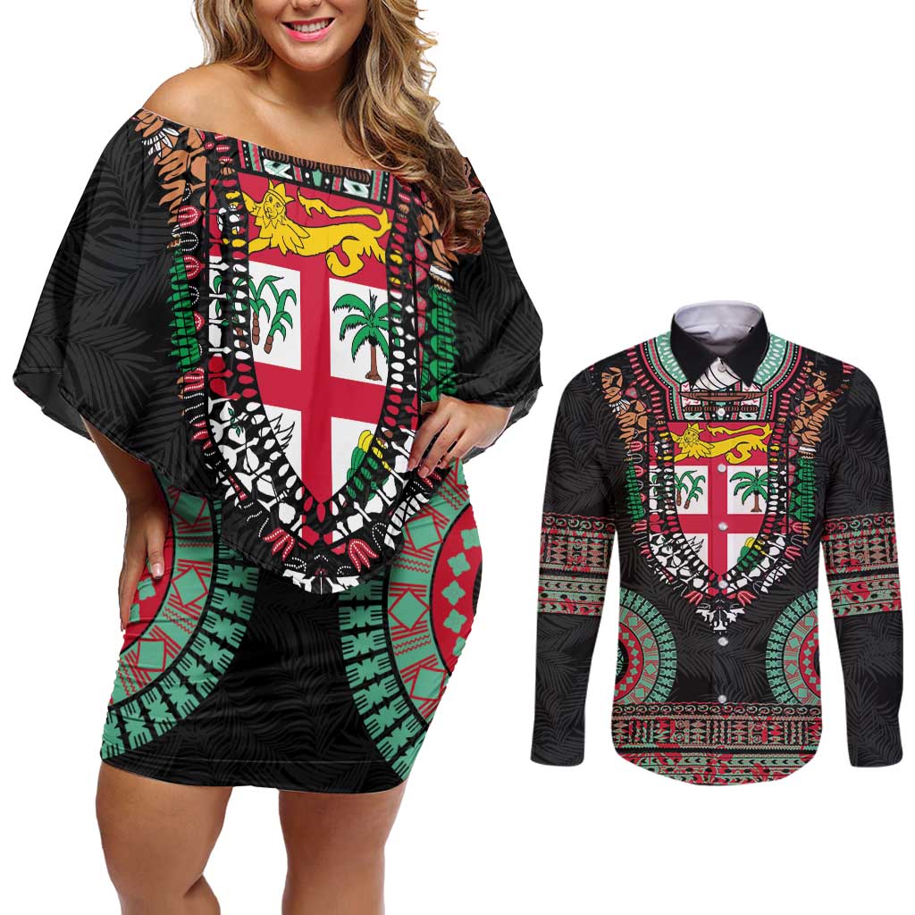 Fiji Coat of Arms Traditional Dashiki Couples Matching Off Shoulder Short Dress and Long Sleeve Button Shirt Tapa Art and Palm Leaves Pattern Black Color LT03 Black - Polynesian Pride