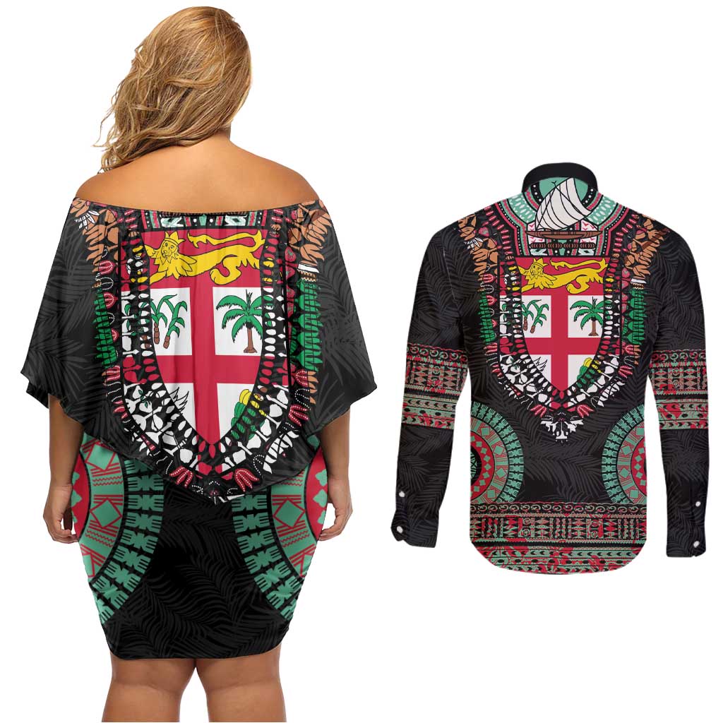 Fiji Coat of Arms Traditional Dashiki Couples Matching Off Shoulder Short Dress and Long Sleeve Button Shirt Tapa Art and Palm Leaves Pattern Black Color LT03 - Polynesian Pride