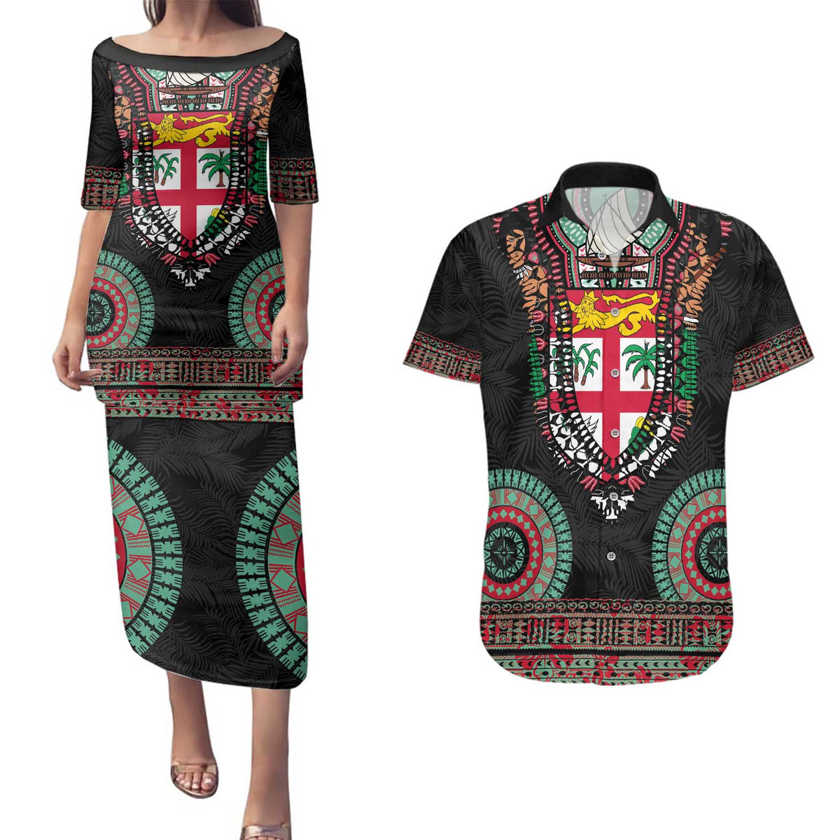 Fiji Coat of Arms Traditional Dashiki Couples Matching Puletasi and Hawaiian Shirt Tapa Art and Palm Leaves Pattern Black Color - Polynesian Pride