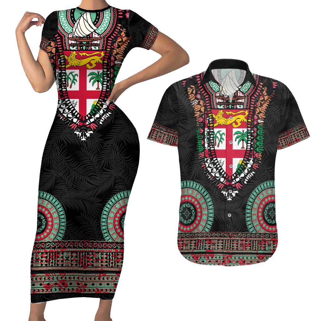 Fiji Coat of Arms Traditional Dashiki Couples Matching Short Sleeve Bodycon Dress and Hawaiian Shirt Tapa Art and Palm Leaves Pattern Black Color LT03 Black - Polynesian Pride