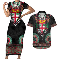 Fiji Coat of Arms Traditional Dashiki Couples Matching Short Sleeve Bodycon Dress and Hawaiian Shirt Tapa Art and Palm Leaves Pattern Black Color LT03 Black - Polynesian Pride