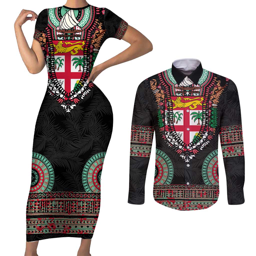 Fiji Coat of Arms Traditional Dashiki Couples Matching Short Sleeve Bodycon Dress and Long Sleeve Button Shirt Tapa Art and Palm Leaves Pattern Black Color LT03 Black - Polynesian Pride