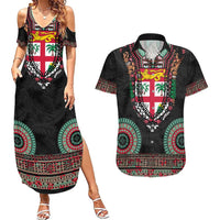 Fiji Coat of Arms Traditional Dashiki Couples Matching Summer Maxi Dress and Hawaiian Shirt Tapa Art and Palm Leaves Pattern Black Color LT03 Black - Polynesian Pride