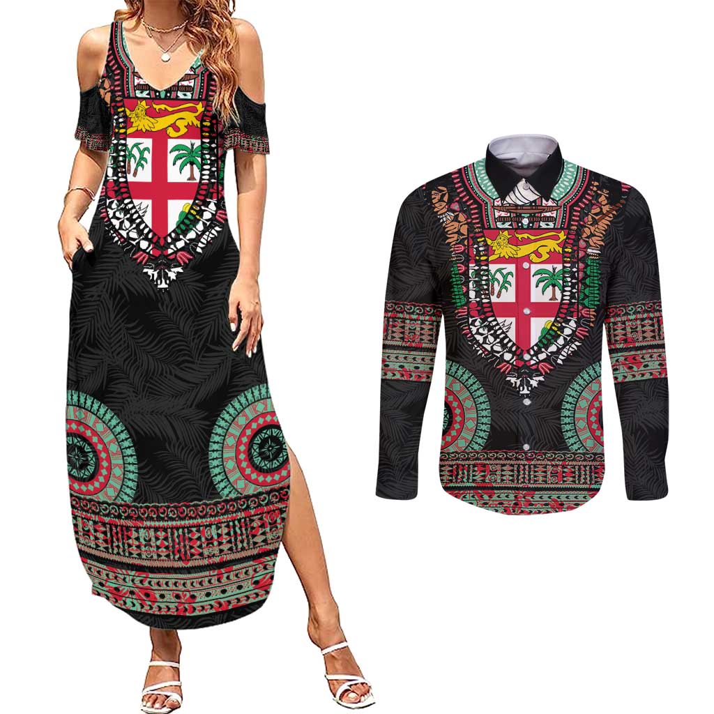 Fiji Coat of Arms Traditional Dashiki Couples Matching Summer Maxi Dress and Long Sleeve Button Shirt Tapa Art and Palm Leaves Pattern Black Color - Polynesian Pride