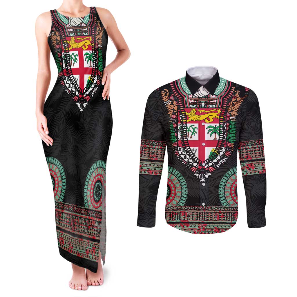 Fiji Coat of Arms Traditional Dashiki Couples Matching Tank Maxi Dress and Long Sleeve Button Shirt Tapa Art and Palm Leaves Pattern Black Color LT03 Black - Polynesian Pride