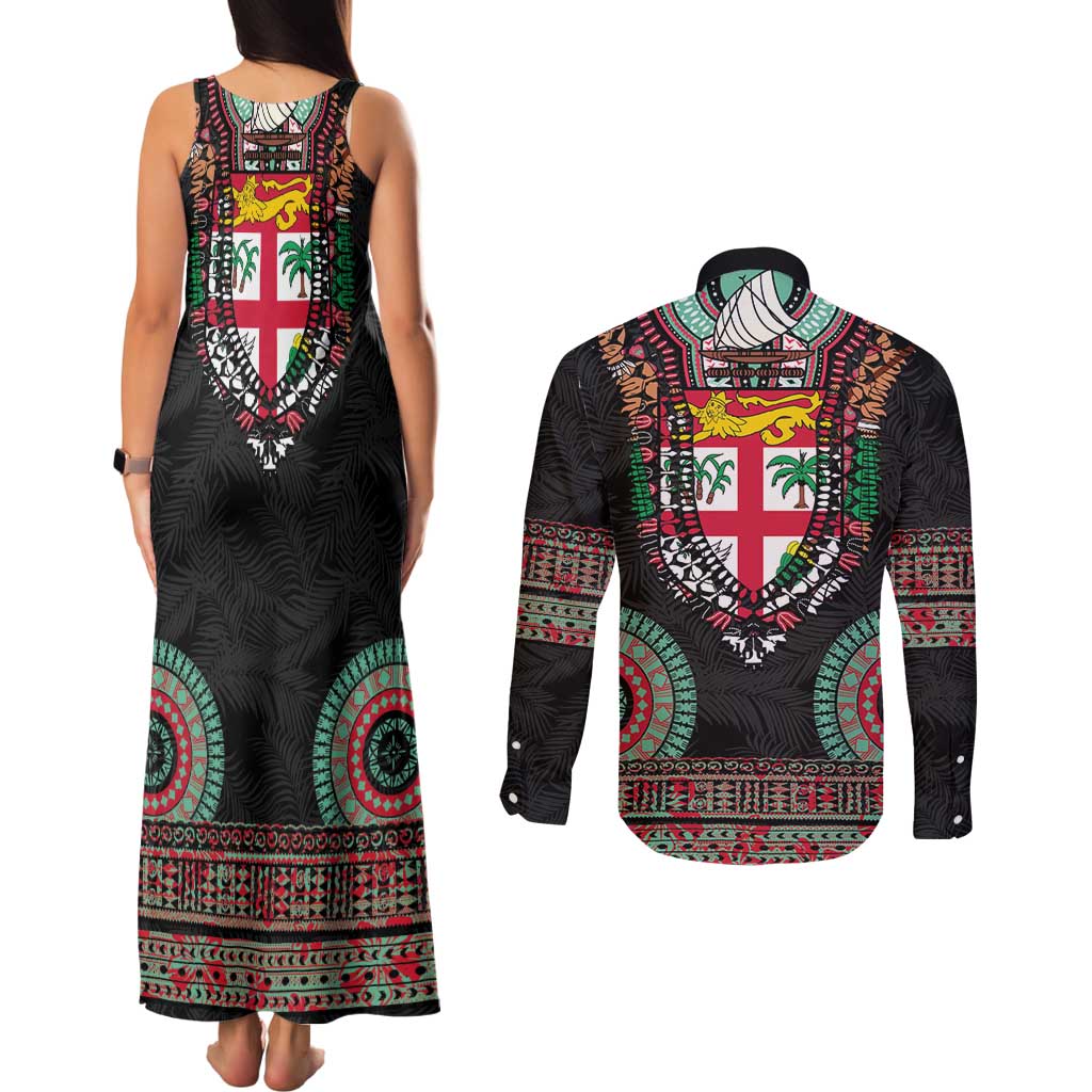 Fiji Coat of Arms Traditional Dashiki Couples Matching Tank Maxi Dress and Long Sleeve Button Shirt Tapa Art and Palm Leaves Pattern Black Color LT03 - Polynesian Pride