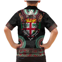 Fiji Coat of Arms Traditional Dashiki Family Matching Mermaid Dress and Hawaiian Shirt Tapa Art and Palm Leaves Pattern Black Color LT03 - Polynesian Pride