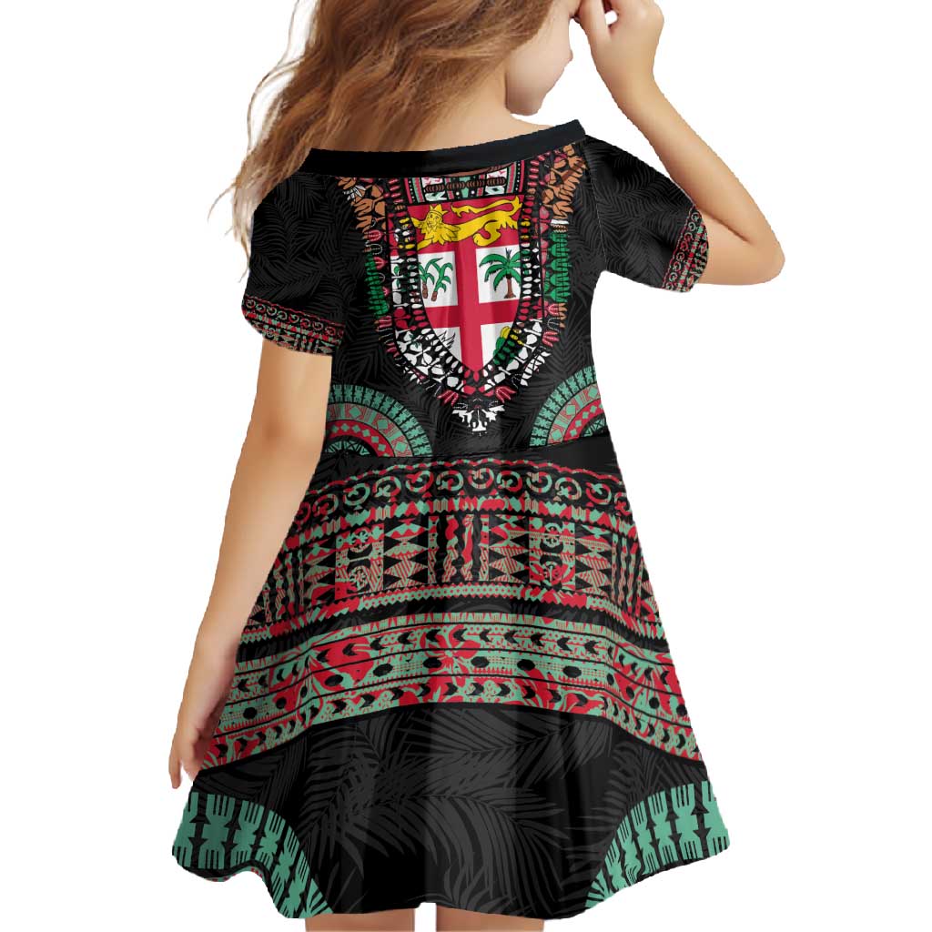 Fiji Coat of Arms Traditional Dashiki Family Matching Mermaid Dress and Hawaiian Shirt Tapa Art and Palm Leaves Pattern Black Color LT03 - Polynesian Pride