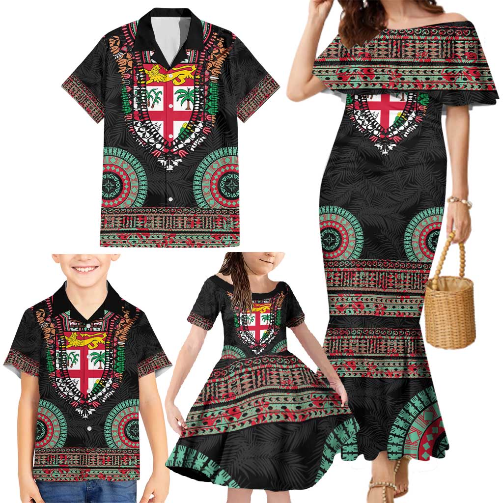 Fiji Coat of Arms Traditional Dashiki Family Matching Mermaid Dress and Hawaiian Shirt Tapa Art and Palm Leaves Pattern Black Color LT03 - Polynesian Pride