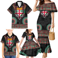 Fiji Coat of Arms Traditional Dashiki Family Matching Mermaid Dress and Hawaiian Shirt Tapa Art and Palm Leaves Pattern Black Color LT03 - Polynesian Pride