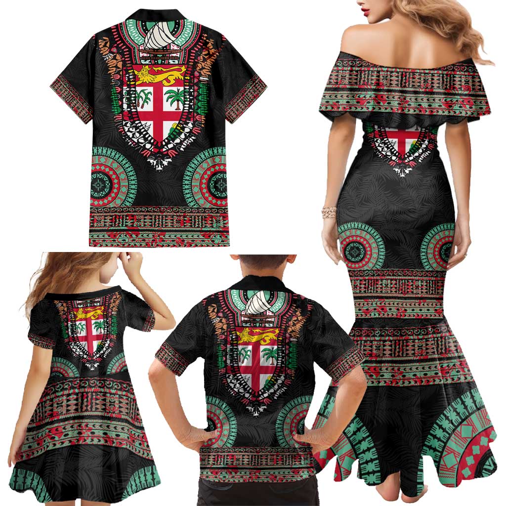 Fiji Coat of Arms Traditional Dashiki Family Matching Mermaid Dress and Hawaiian Shirt Tapa Art and Palm Leaves Pattern Black Color LT03 - Polynesian Pride