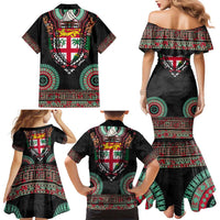 Fiji Coat of Arms Traditional Dashiki Family Matching Mermaid Dress and Hawaiian Shirt Tapa Art and Palm Leaves Pattern Black Color LT03 - Polynesian Pride