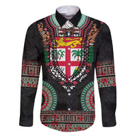 Fiji Coat of Arms Traditional Dashiki Family Matching Mermaid Dress and Hawaiian Shirt Tapa Art and Palm Leaves Pattern Black Color LT03 Dad's Shirt - Long Sleeve Black - Polynesian Pride