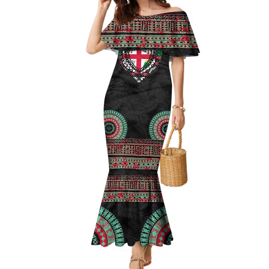 Fiji Coat of Arms Traditional Dashiki Family Matching Mermaid Dress and Hawaiian Shirt Tapa Art and Palm Leaves Pattern Black Color LT03 Mom's Dress Black - Polynesian Pride