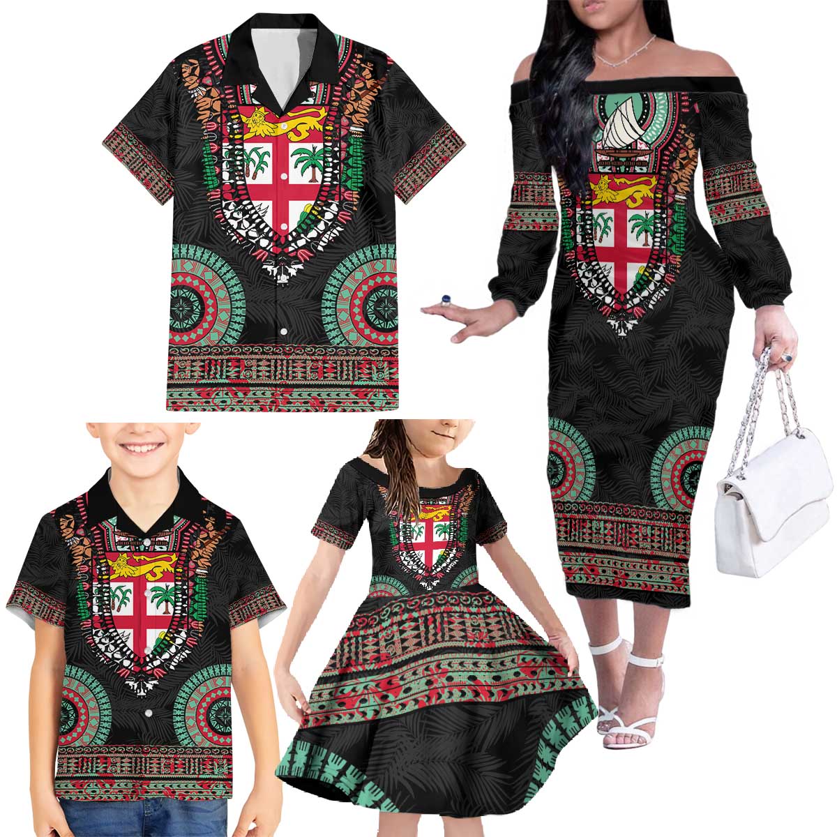 Fiji Coat of Arms Traditional Dashiki Family Matching Off The Shoulder Long Sleeve Dress and Hawaiian Shirt Tapa Art and Palm Leaves Pattern Black Color - Polynesian Pride