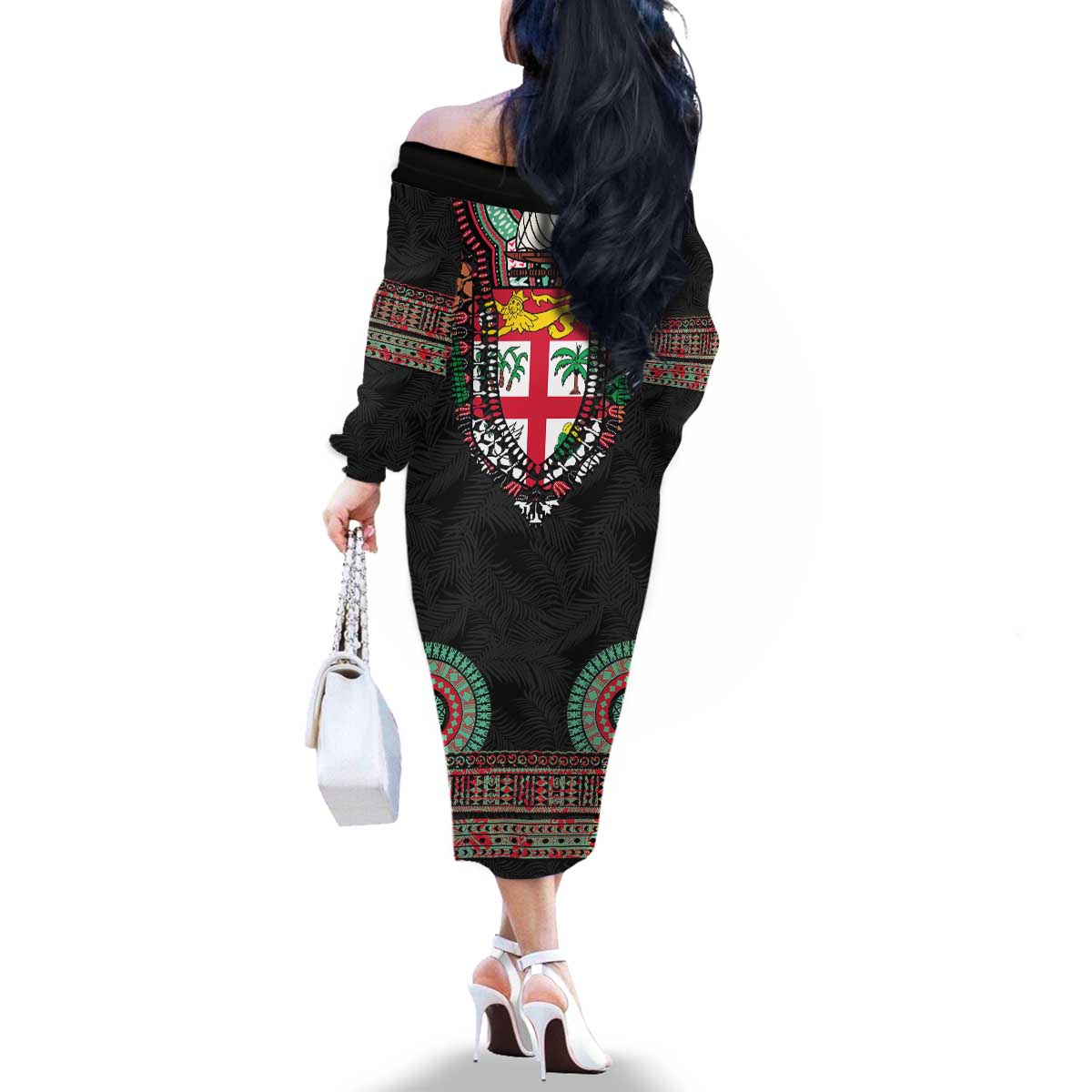 Fiji Coat of Arms Traditional Dashiki Family Matching Off The Shoulder Long Sleeve Dress and Hawaiian Shirt Tapa Art and Palm Leaves Pattern Black Color - Polynesian Pride
