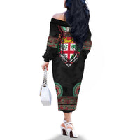 Fiji Coat of Arms Traditional Dashiki Family Matching Off The Shoulder Long Sleeve Dress and Hawaiian Shirt Tapa Art and Palm Leaves Pattern Black Color - Polynesian Pride