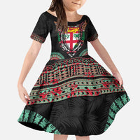 Fiji Coat of Arms Traditional Dashiki Family Matching Off Shoulder Maxi Dress and Hawaiian Shirt Tapa Art and Palm Leaves Pattern Black Color LT03 Daughter's Dress Black - Polynesian Pride