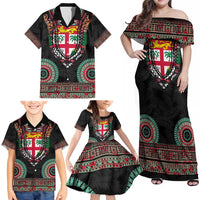 Fiji Coat of Arms Traditional Dashiki Family Matching Off Shoulder Maxi Dress and Hawaiian Shirt Tapa Art and Palm Leaves Pattern Black Color LT03 - Polynesian Pride