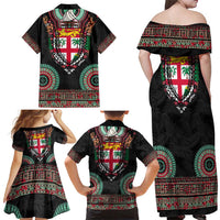 Fiji Coat of Arms Traditional Dashiki Family Matching Off Shoulder Maxi Dress and Hawaiian Shirt Tapa Art and Palm Leaves Pattern Black Color LT03 - Polynesian Pride
