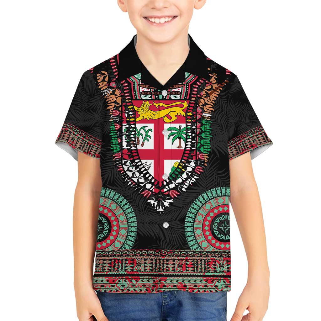 Fiji Coat of Arms Traditional Dashiki Family Matching Off Shoulder Maxi Dress and Hawaiian Shirt Tapa Art and Palm Leaves Pattern Black Color LT03 Son's Shirt Black - Polynesian Pride