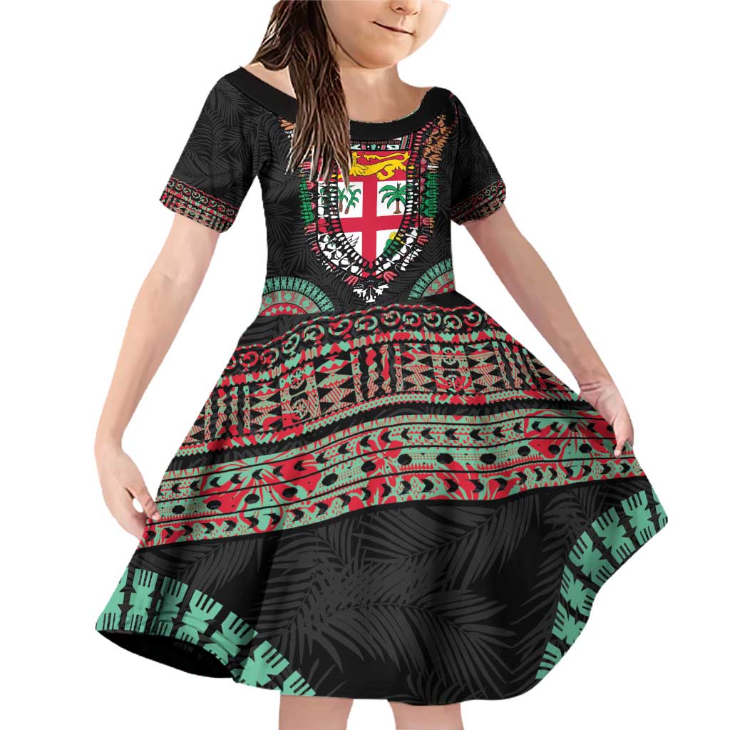 Fiji Coat of Arms Traditional Dashiki Family Matching Off Shoulder Short Dress and Hawaiian Shirt Tapa Art and Palm Leaves Pattern Black Color LT03 Daughter's Dress Black - Polynesian Pride