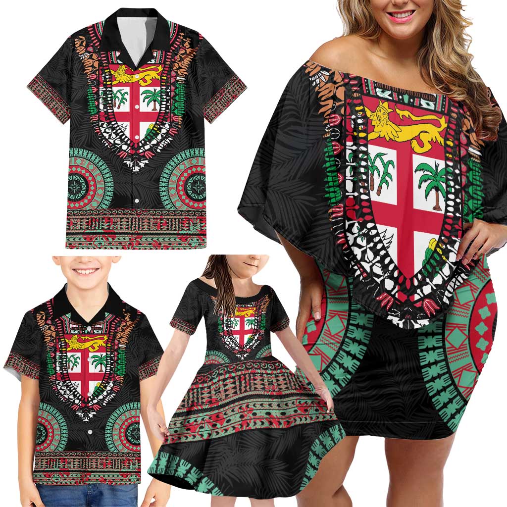 Fiji Coat of Arms Traditional Dashiki Family Matching Off Shoulder Short Dress and Hawaiian Shirt Tapa Art and Palm Leaves Pattern Black Color LT03 - Polynesian Pride