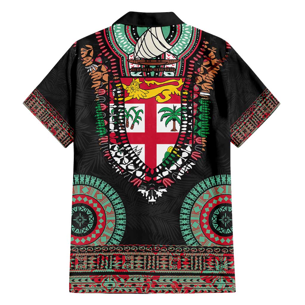 Fiji Coat of Arms Traditional Dashiki Family Matching Off Shoulder Short Dress and Hawaiian Shirt Tapa Art and Palm Leaves Pattern Black Color LT03 - Polynesian Pride