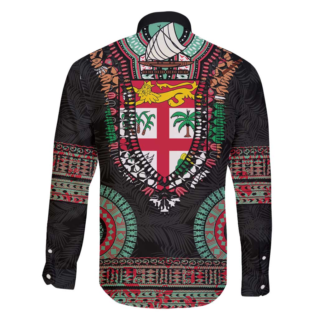 Fiji Coat of Arms Traditional Dashiki Family Matching Off Shoulder Short Dress and Hawaiian Shirt Tapa Art and Palm Leaves Pattern Black Color LT03 - Polynesian Pride