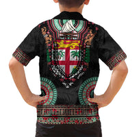 Fiji Coat of Arms Traditional Dashiki Family Matching Puletasi and Hawaiian Shirt Tapa Art and Palm Leaves Pattern Black Color - Polynesian Pride