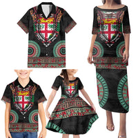 Fiji Coat of Arms Traditional Dashiki Family Matching Puletasi and Hawaiian Shirt Tapa Art and Palm Leaves Pattern Black Color - Polynesian Pride