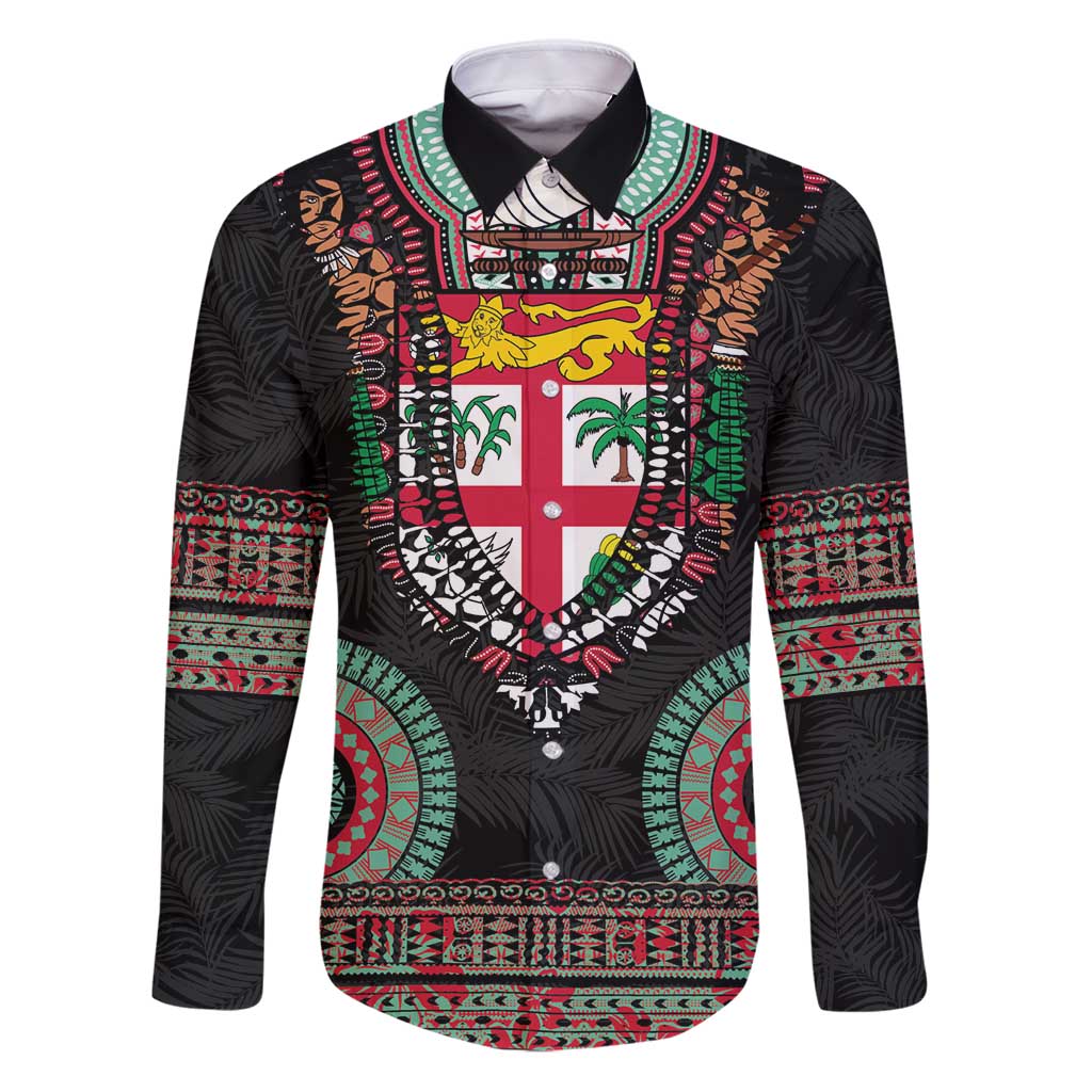 Fiji Coat of Arms Traditional Dashiki Family Matching Puletasi and Hawaiian Shirt Tapa Art and Palm Leaves Pattern Black Color - Polynesian Pride
