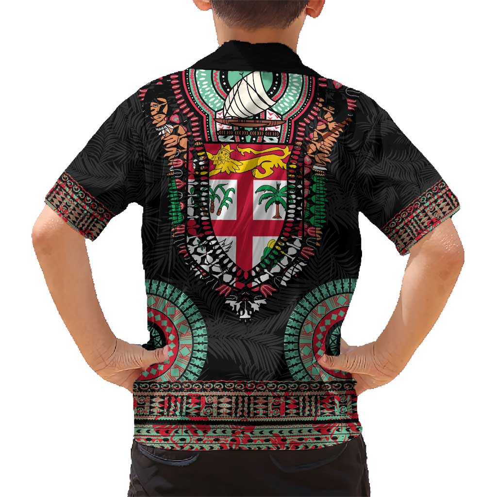 Fiji Coat of Arms Traditional Dashiki Family Matching Short Sleeve Bodycon Dress and Hawaiian Shirt Tapa Art and Palm Leaves Pattern Black Color LT03 - Polynesian Pride