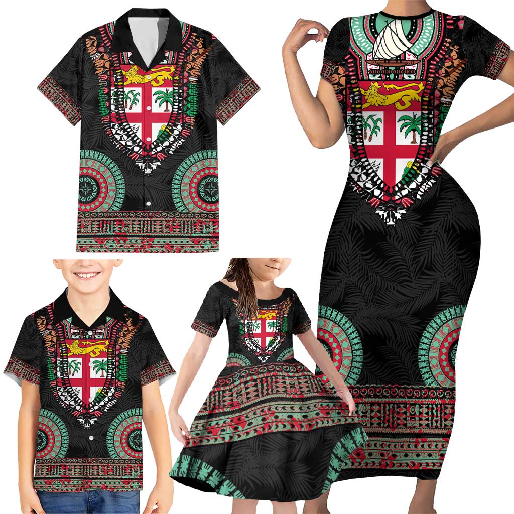 Fiji Coat of Arms Traditional Dashiki Family Matching Short Sleeve Bodycon Dress and Hawaiian Shirt Tapa Art and Palm Leaves Pattern Black Color LT03 - Polynesian Pride