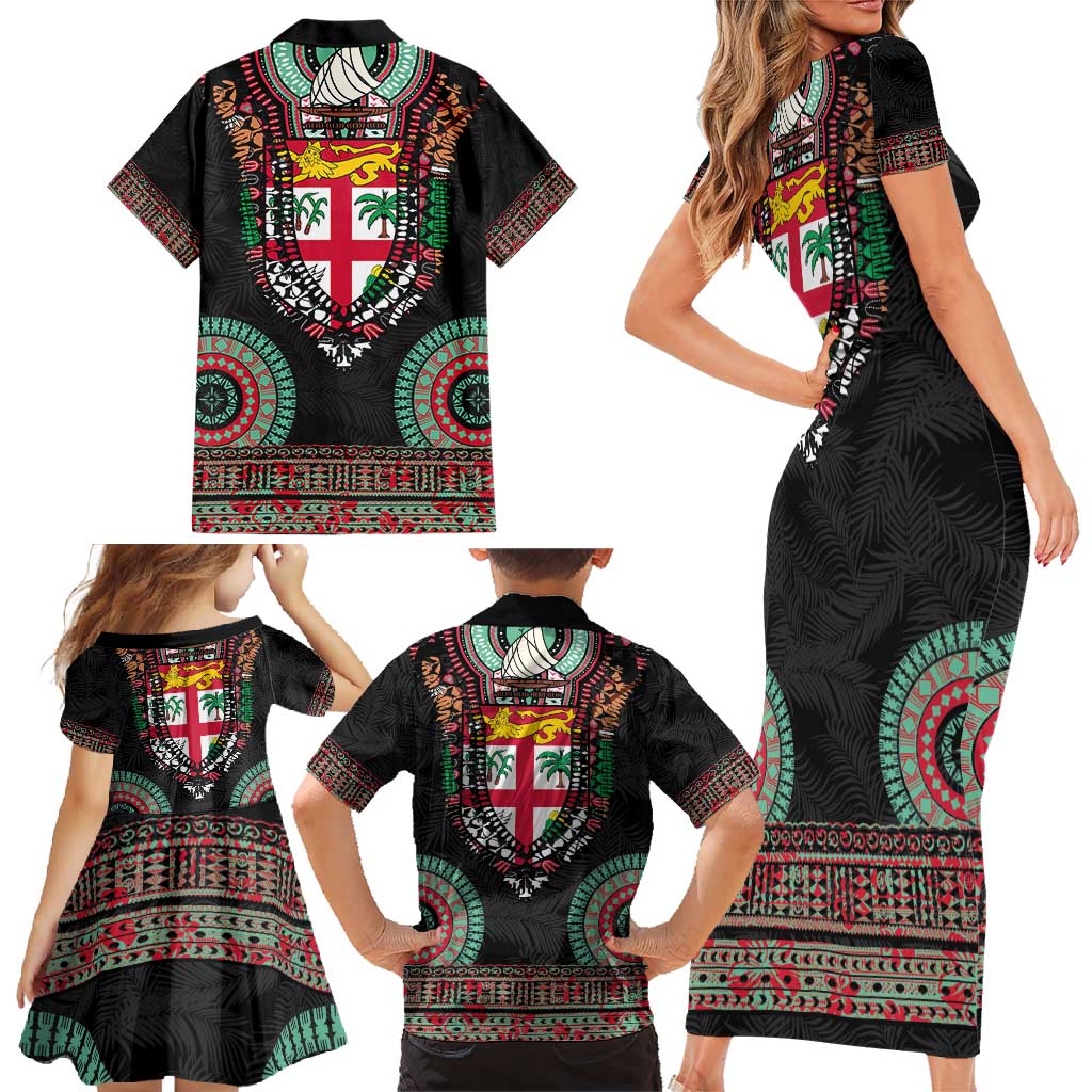 Fiji Coat of Arms Traditional Dashiki Family Matching Short Sleeve Bodycon Dress and Hawaiian Shirt Tapa Art and Palm Leaves Pattern Black Color LT03 - Polynesian Pride