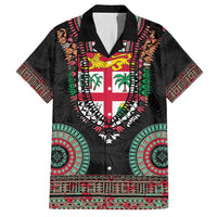 Fiji Coat of Arms Traditional Dashiki Family Matching Short Sleeve Bodycon Dress and Hawaiian Shirt Tapa Art and Palm Leaves Pattern Black Color LT03 Dad's Shirt - Short Sleeve Black - Polynesian Pride