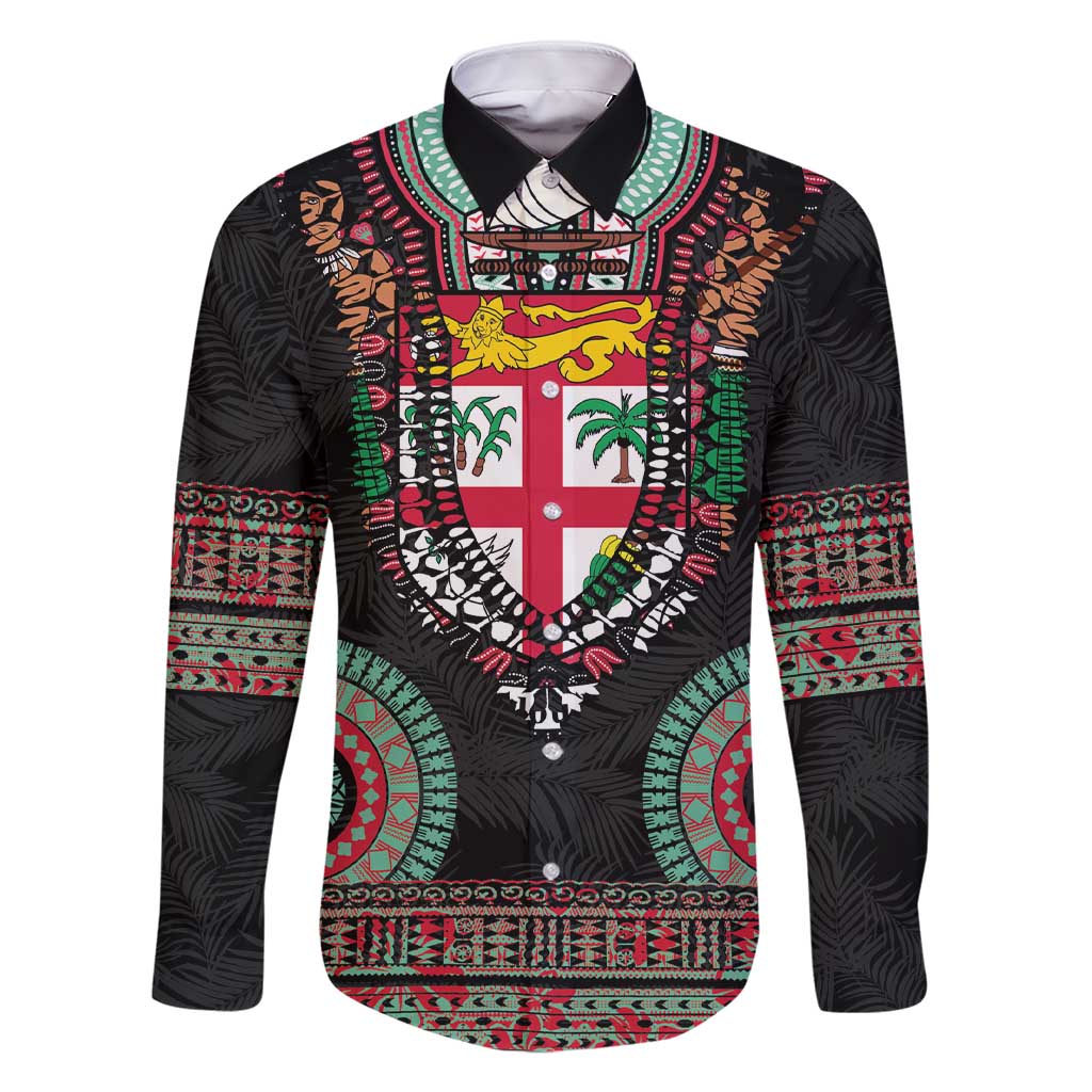 Fiji Coat of Arms Traditional Dashiki Family Matching Short Sleeve Bodycon Dress and Hawaiian Shirt Tapa Art and Palm Leaves Pattern Black Color LT03 Dad's Shirt - Long Sleeve Black - Polynesian Pride