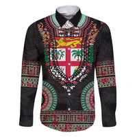 Fiji Coat of Arms Traditional Dashiki Family Matching Short Sleeve Bodycon Dress and Hawaiian Shirt Tapa Art and Palm Leaves Pattern Black Color LT03 Dad's Shirt - Long Sleeve Black - Polynesian Pride