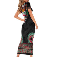 Fiji Coat of Arms Traditional Dashiki Family Matching Short Sleeve Bodycon Dress and Hawaiian Shirt Tapa Art and Palm Leaves Pattern Black Color LT03 - Polynesian Pride