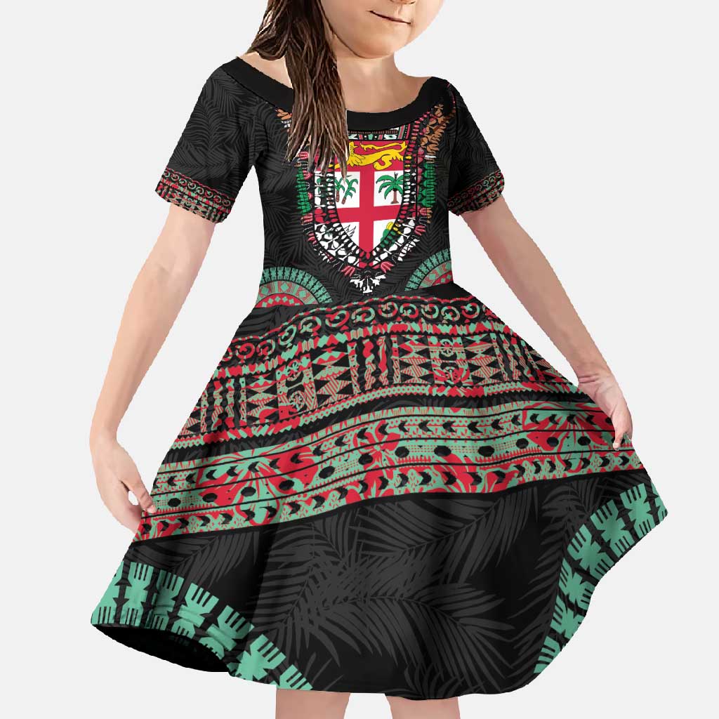 Fiji Coat of Arms Traditional Dashiki Family Matching Summer Maxi Dress and Hawaiian Shirt Tapa Art and Palm Leaves Pattern Black Color LT03 Daughter's Dress Black - Polynesian Pride