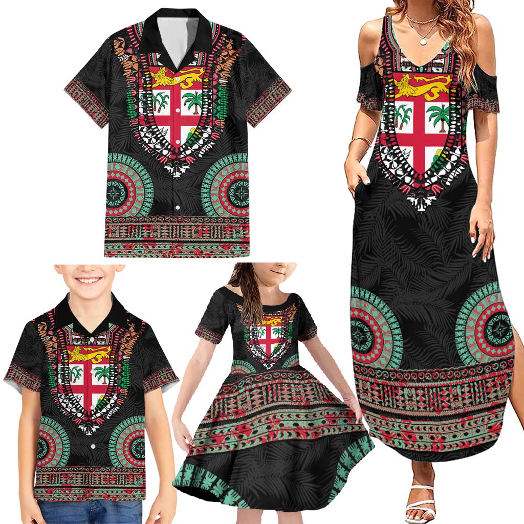 Fiji Coat of Arms Traditional Dashiki Family Matching Summer Maxi Dress and Hawaiian Shirt Tapa Art and Palm Leaves Pattern Black Color LT03 - Polynesian Pride