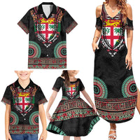 Fiji Coat of Arms Traditional Dashiki Family Matching Summer Maxi Dress and Hawaiian Shirt Tapa Art and Palm Leaves Pattern Black Color LT03 - Polynesian Pride