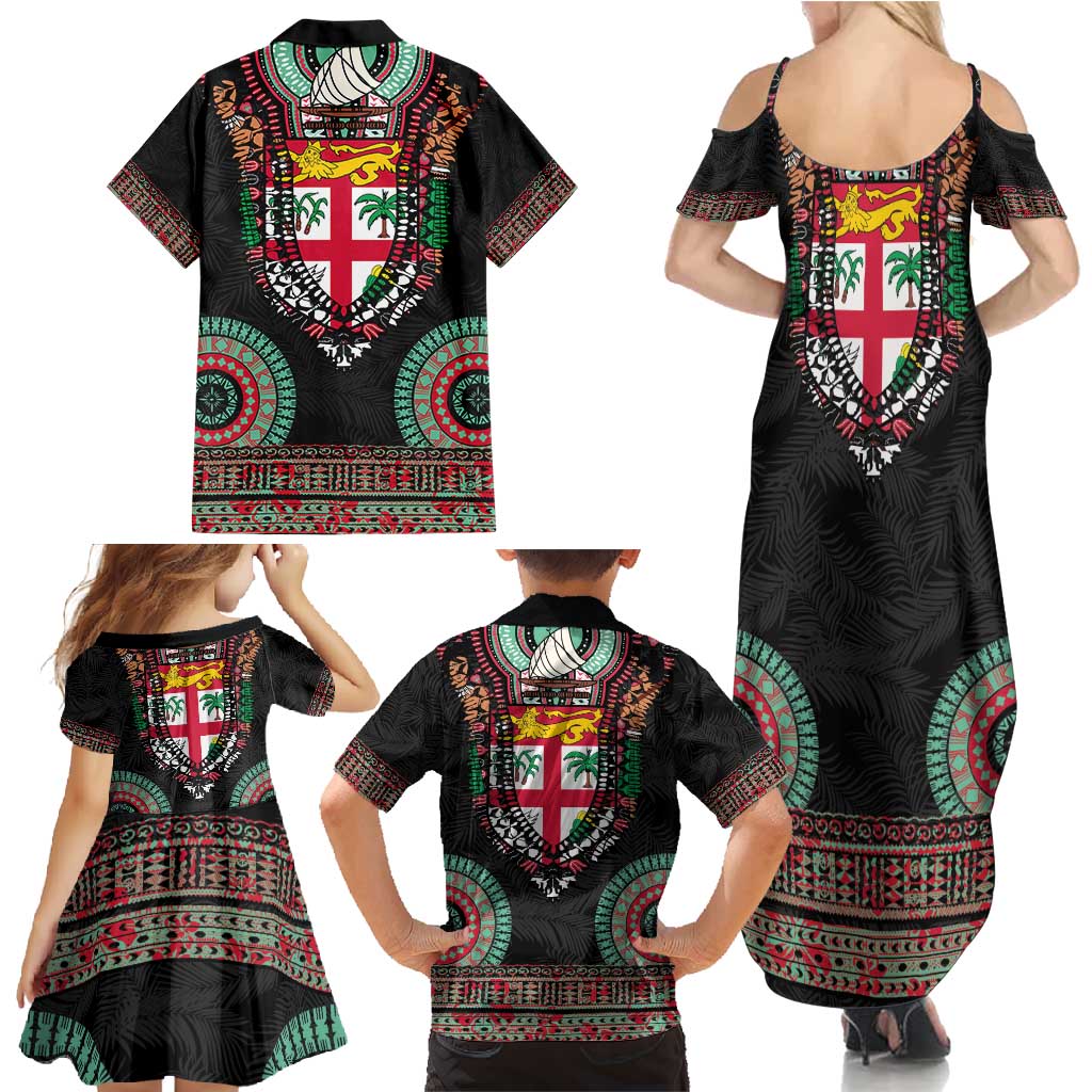 Fiji Coat of Arms Traditional Dashiki Family Matching Summer Maxi Dress and Hawaiian Shirt Tapa Art and Palm Leaves Pattern Black Color LT03 - Polynesian Pride